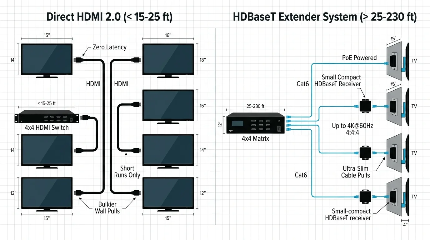 Diagram comparing a Direct HDMI 2.0 setup with short runs against an HDBaseT extender system using Cat6 cables to TVs.