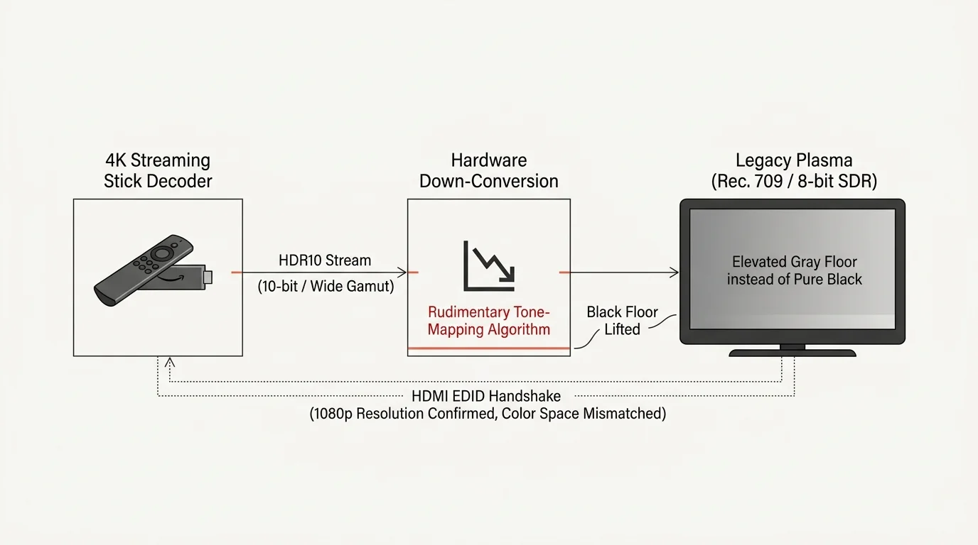 Diagram showing a 4K streaming stick down-converting HDR10 to a legacy plasma display via HDMI EDID handshake.