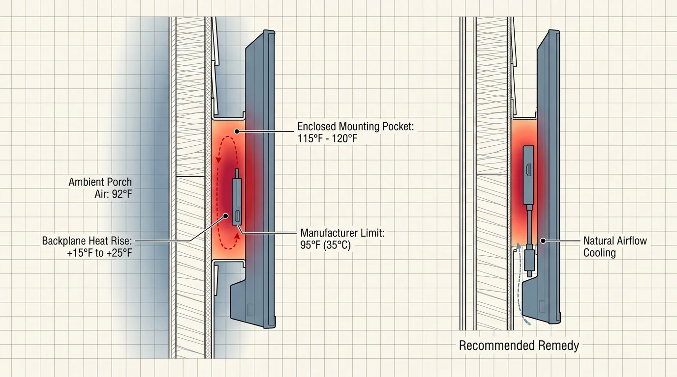 Cross-section diagram showing heat trapped behind a wall-mounted TV versus natural airflow cooling with an extender cable.