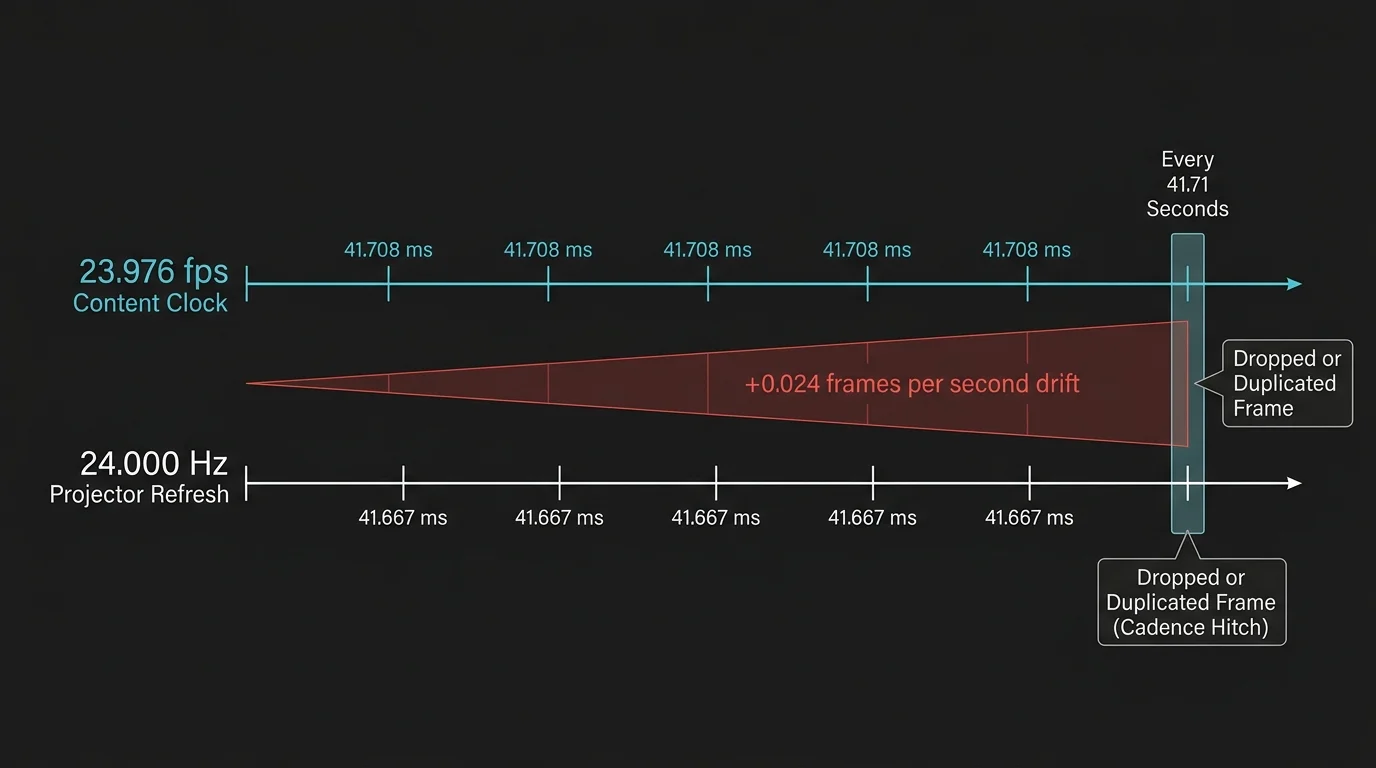 Diagram comparing 23.976 fps content clock against 24.000 Hz projector refresh rate with timing drift and dropped frame markers.