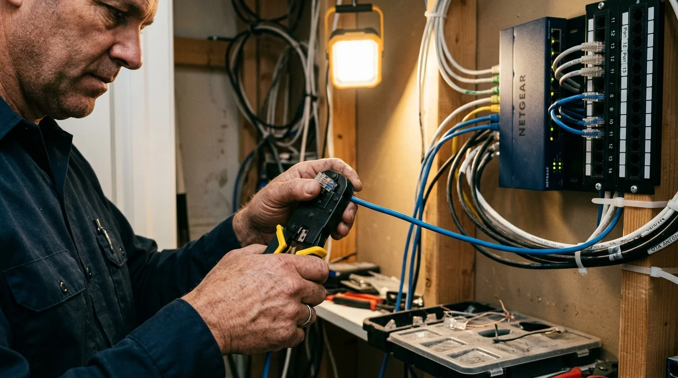 A man crimps a blue Ethernet cable beside a wall-mounted network switch and patch panel.