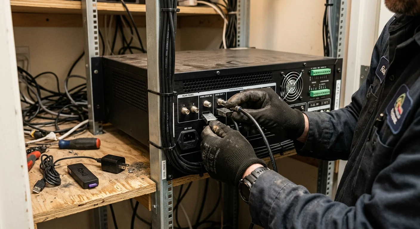 Technician connecting cables to a commercial rack receiver next to a Roku streaming stick on a shelf.
