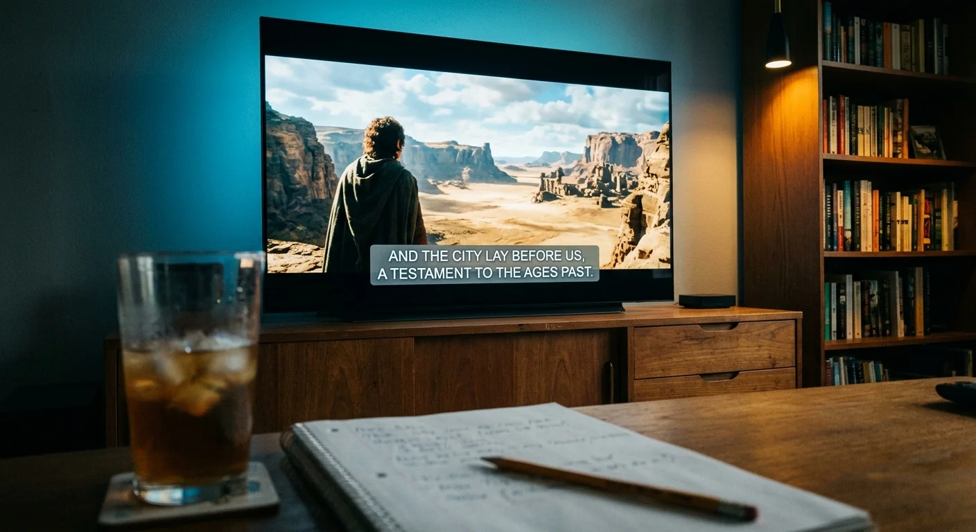 Television screen displaying a desert movie scene with white subtitles against a semi-transparent box.