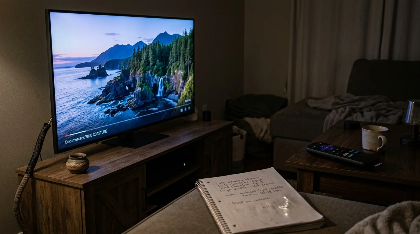 Television playing a nature documentary in a dim living room, with a notebook and remote control in the foreground.