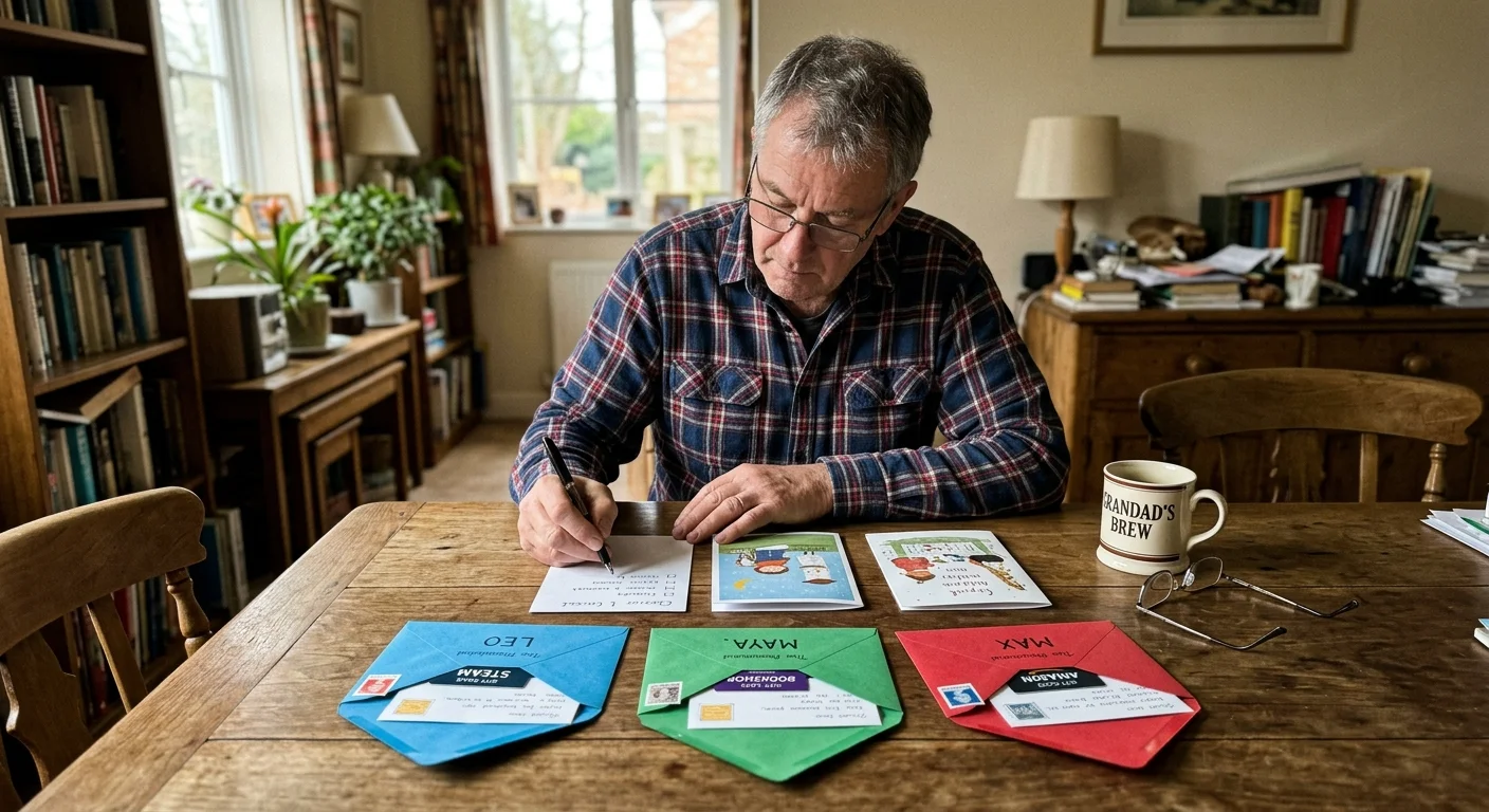 An older man in glasses sits at a wooden table writing notes next to three colorful gift envelopes and a mug.