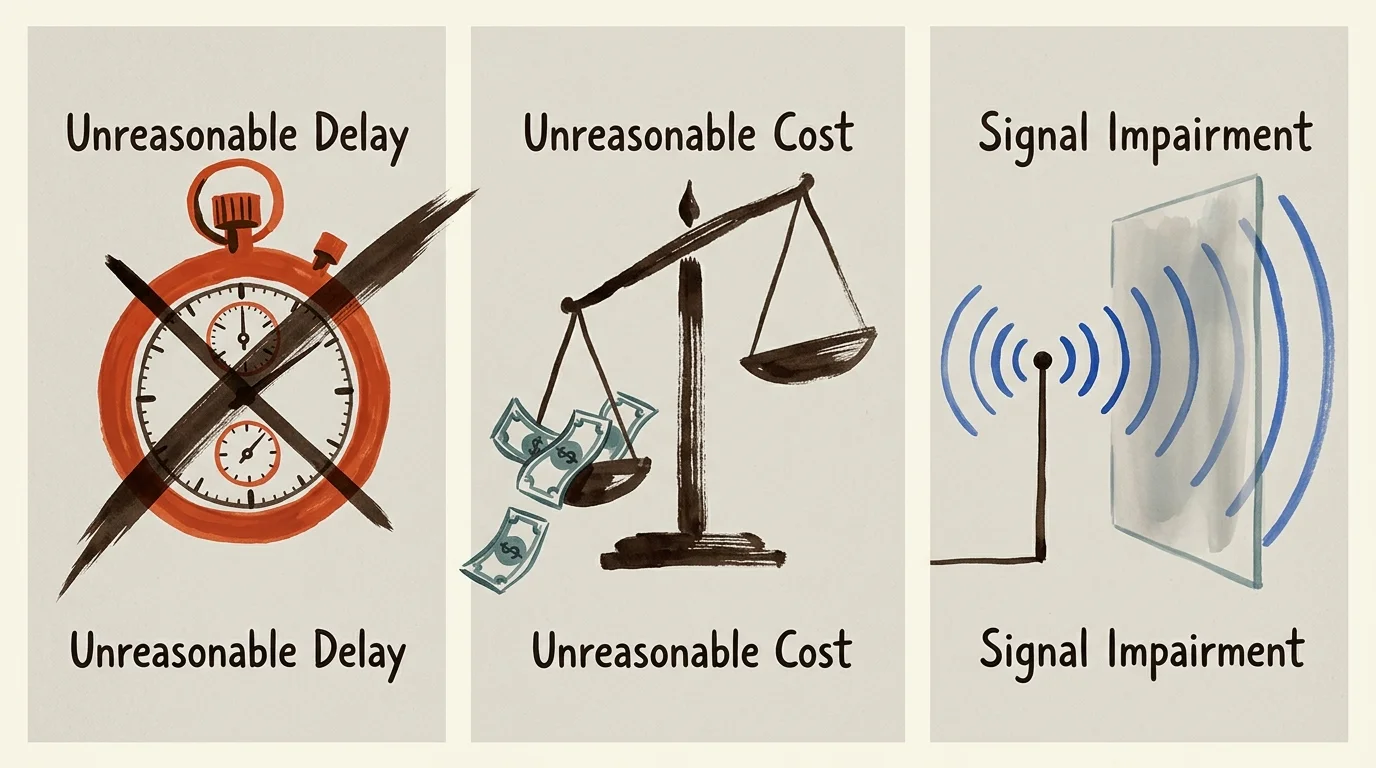 Three panels labeled Unreasonable Delay, Unreasonable Cost, and Signal Impairment with icons of a stopwatch, scale, and antenna.