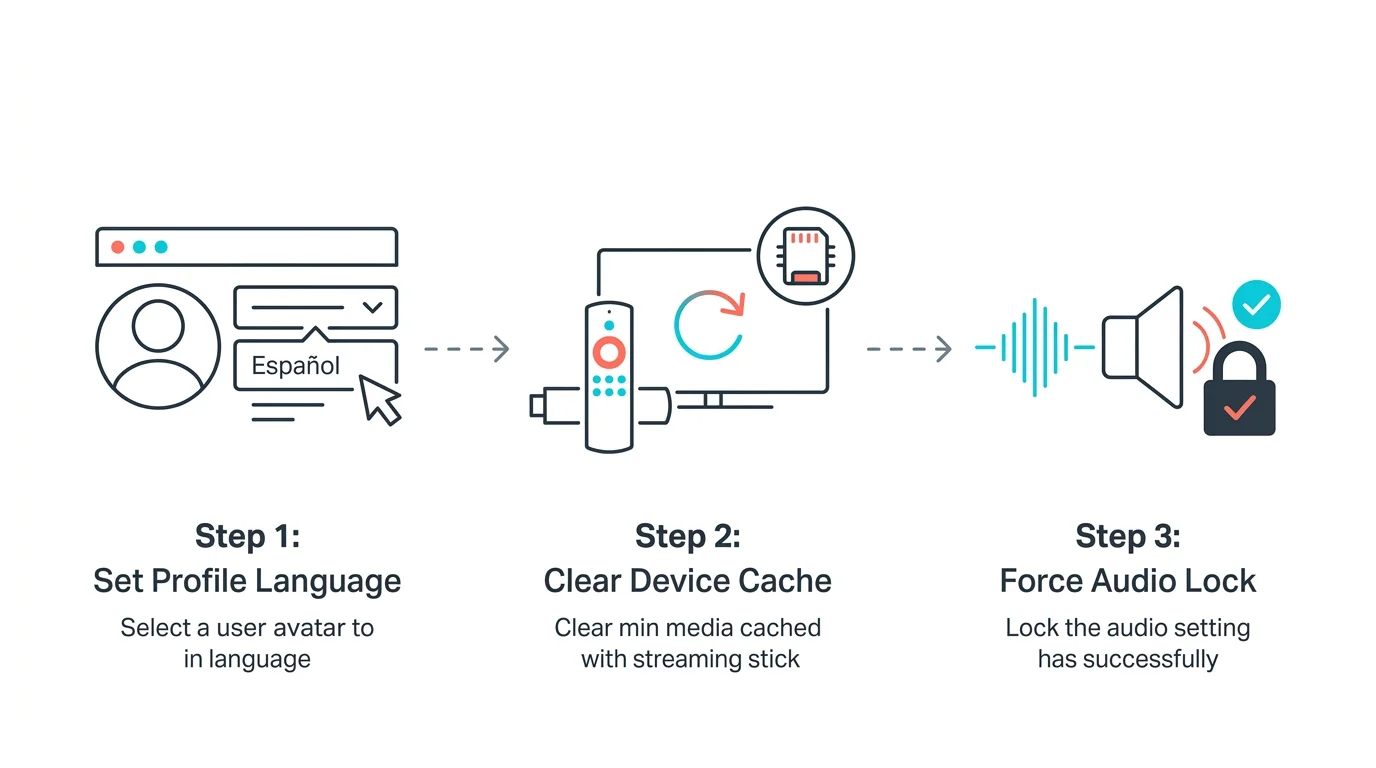 A three-step diagram outlining how to set profile language, clear device cache on a streaming stick, and force an audio lock.
