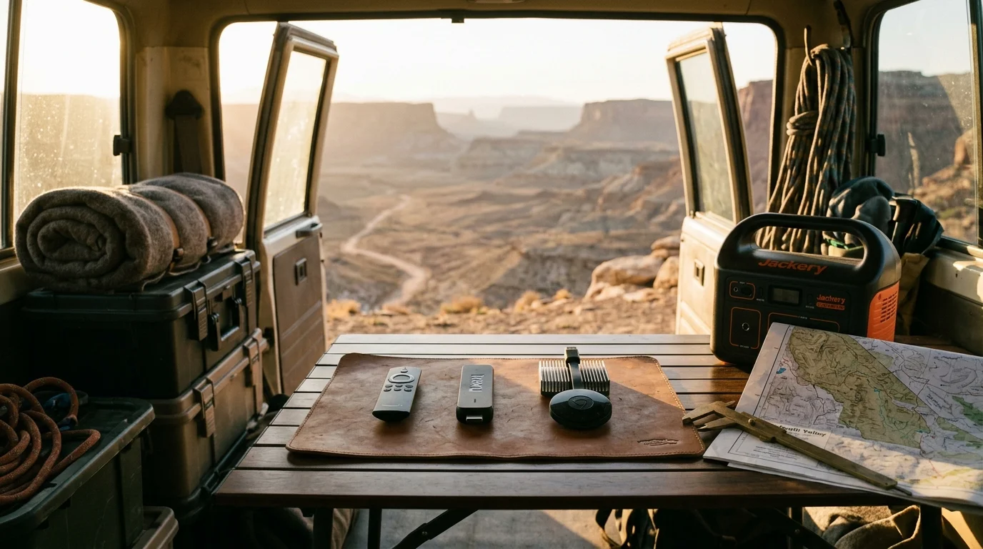 Streaming devices, a remote, a portable power station, and a map laid out inside an open camper van overlooking a canyon.