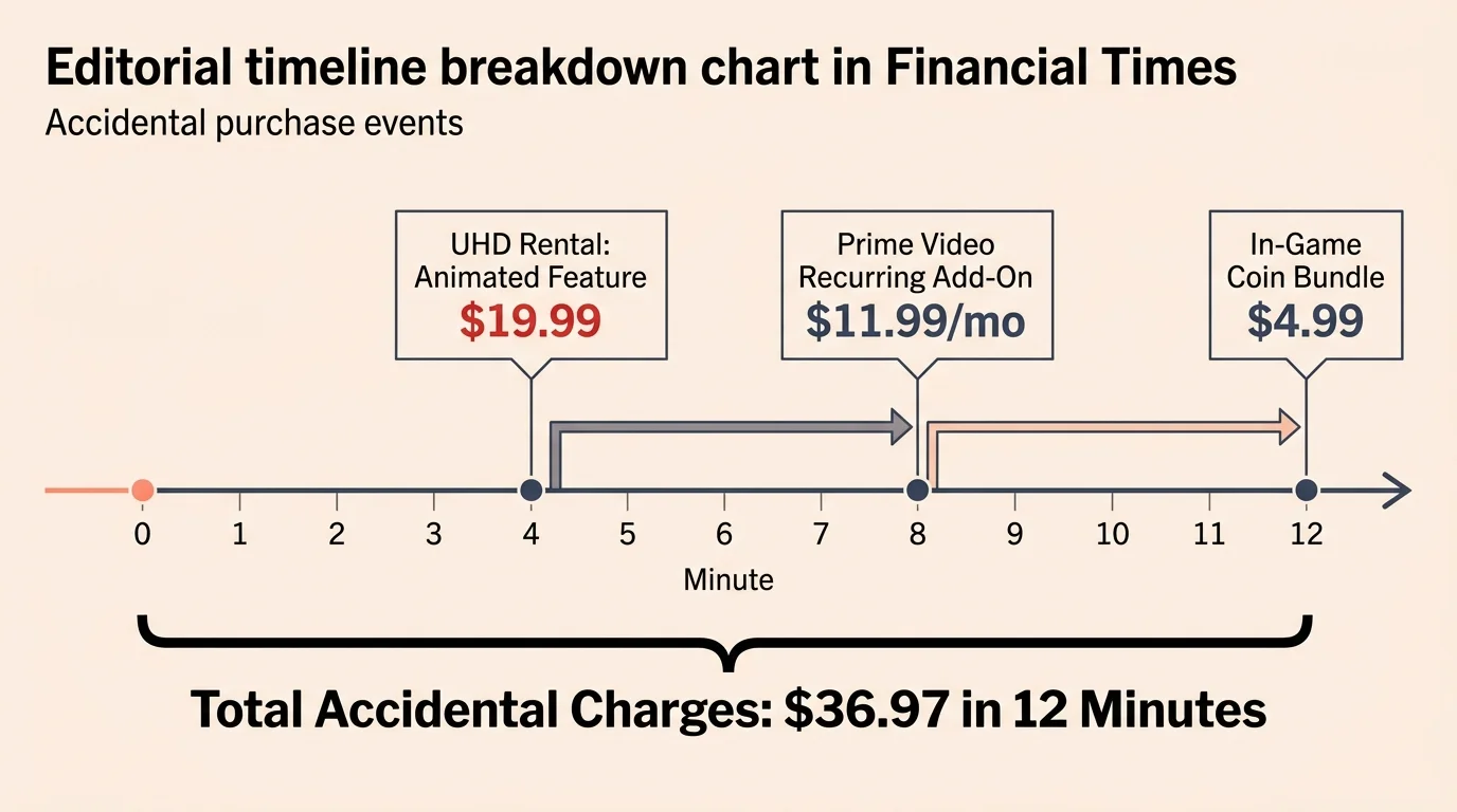 Timeline chart marking accidental charges at minutes 4, 8, and 12, totaling $36.97 across a 12-minute period.