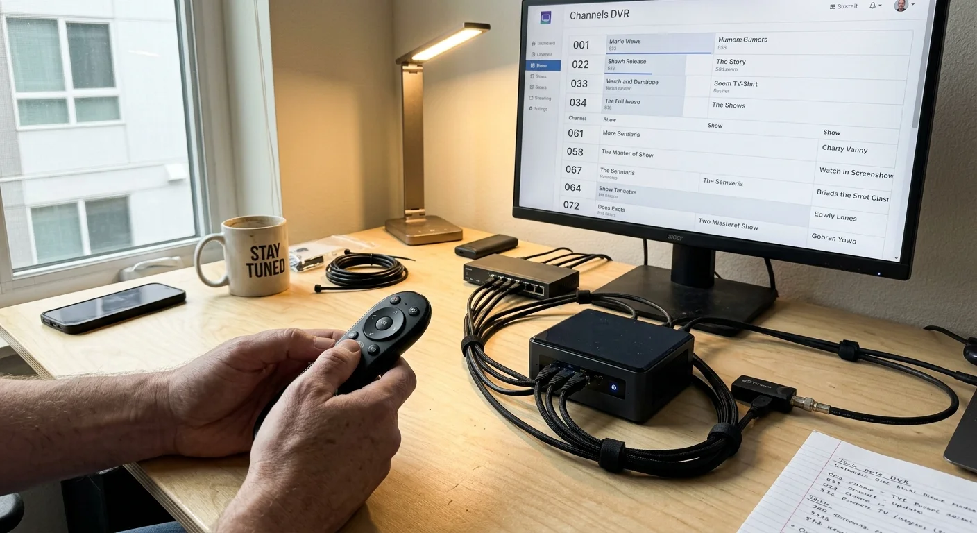 Hands holding a remote in front of a desk setup with a mini PC and monitor displaying the Channels DVR guide interface.