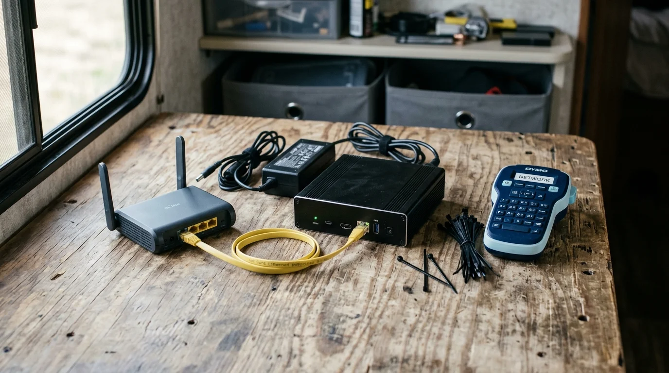 Small router connected by a yellow cable to a black mini PC, beside a label maker and zip ties on a wooden table.