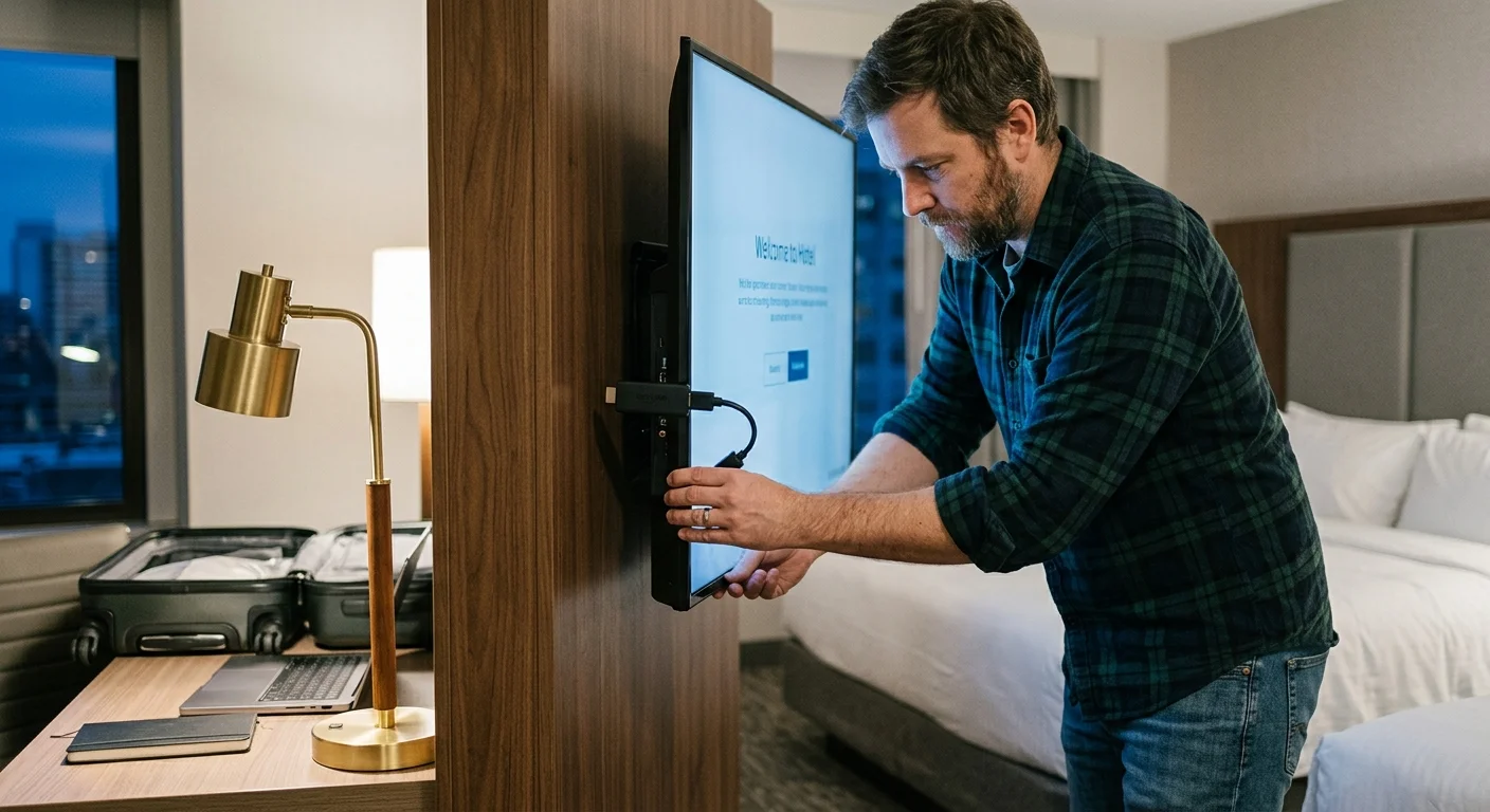 A man in a plaid shirt plugs a streaming stick into the side port of a wall-mounted hotel television.