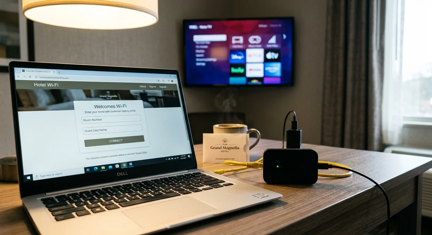 Laptop displaying a hotel Wi-Fi login portal on a desk, next to a small router and a wall-mounted TV in a hotel room.