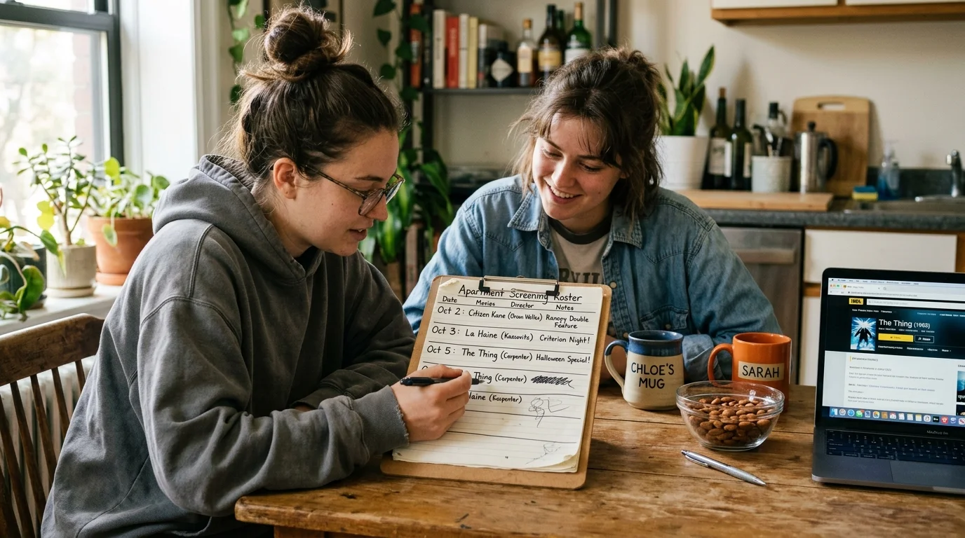 Two young women sit at a wooden dining table reviewing a handwritten screening roster on a clipboard beside a laptop.