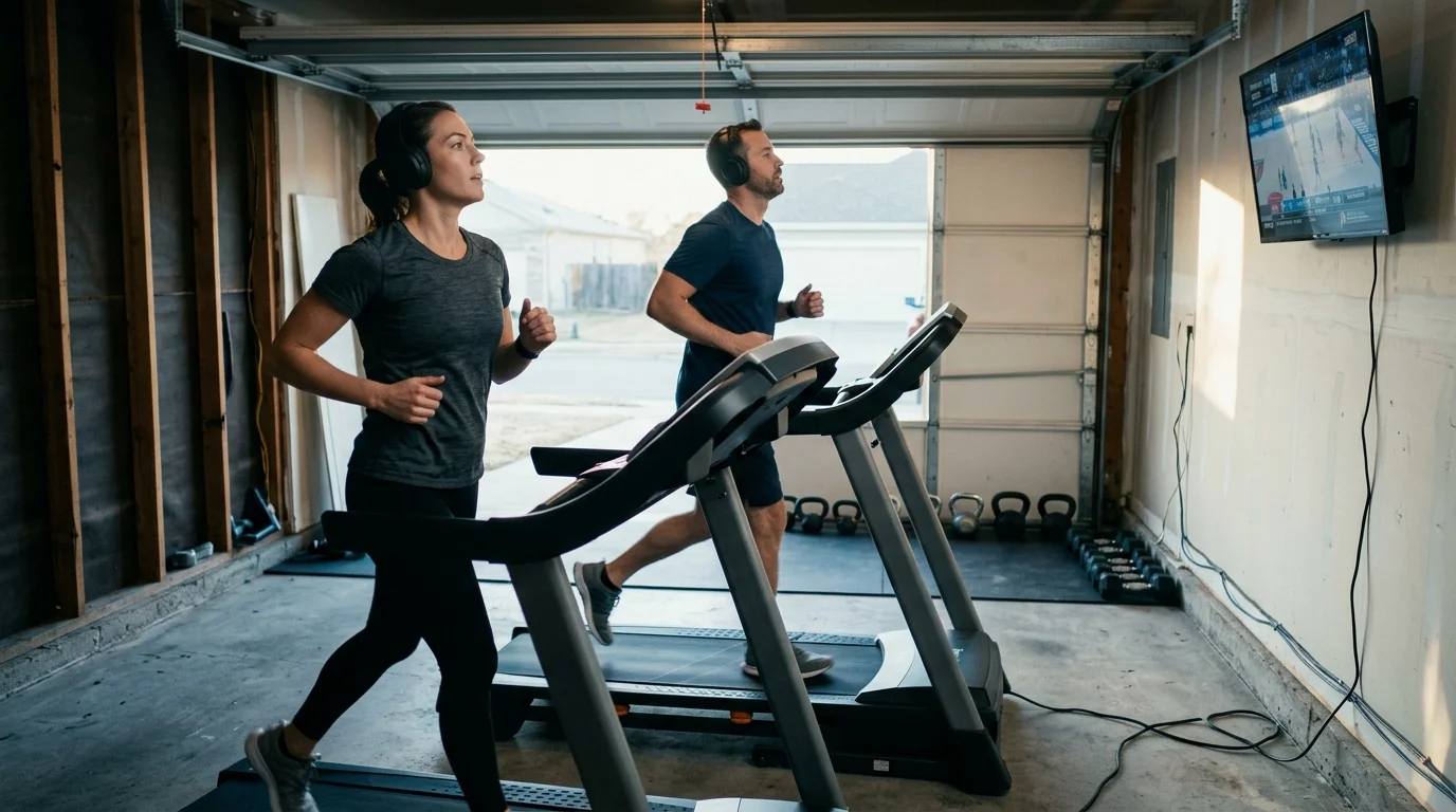 A man and woman wearing wireless headphones run on treadmills inside a garage gym while watching a wall-mounted TV.