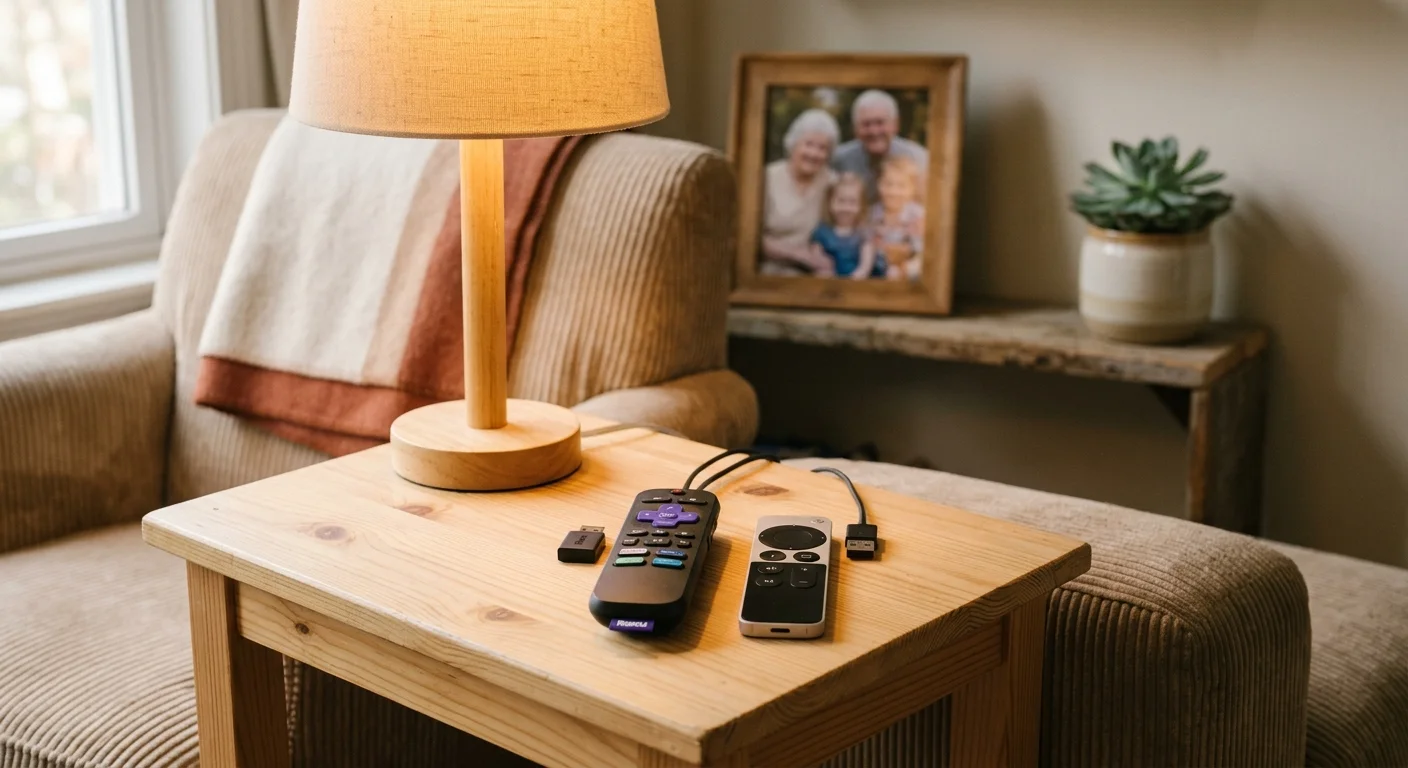 Two streaming remotes, cables, and a small adapter sit on a wooden side table beside a lamp and armchair.