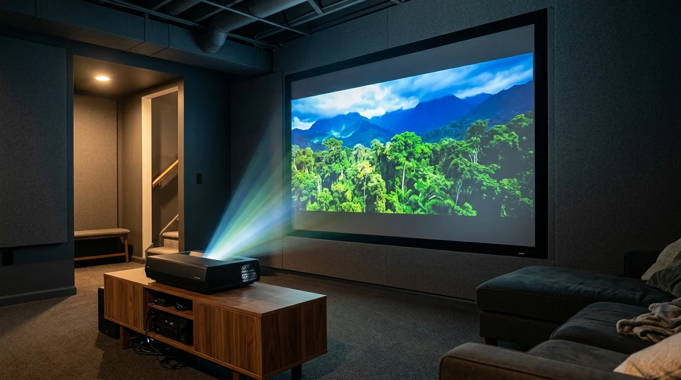 An ultra-short-throw projector casts a vibrant jungle landscape onto a large screen in a modern home theater room.