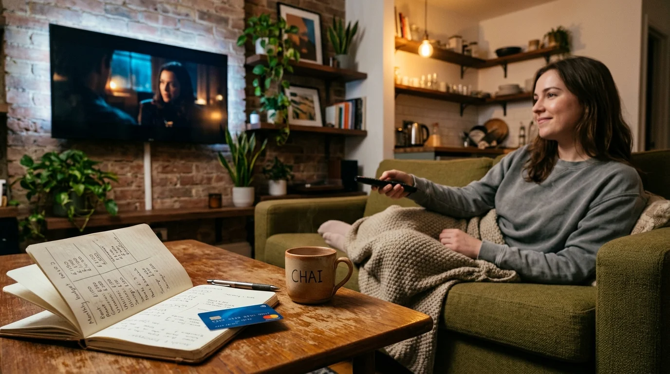 A woman sits on a sofa watching television near a coffee table holding an open budget notebook and a credit card.