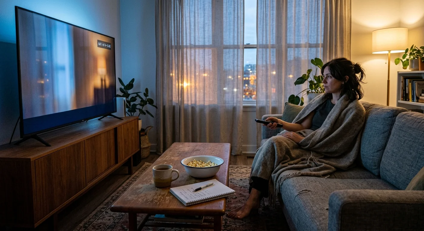 A woman wrapped in a blanket sits on a sofa holding a remote control while watching a large television screen.