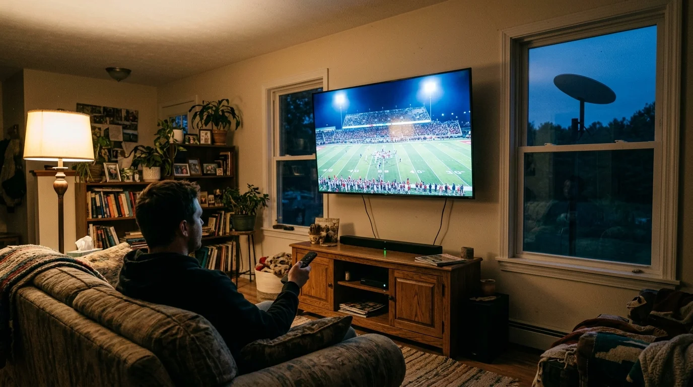 Man on a couch watching a football game on a wall-mounted TV with a satellite dish visible through the window.
