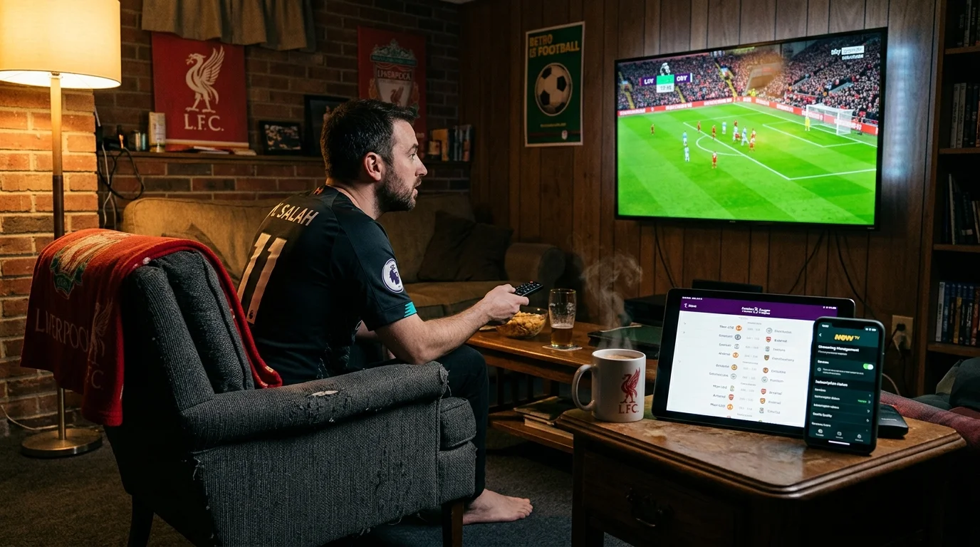 Man in an armchair holding a remote and watching soccer on a wall-mounted TV with a tablet displaying scores on the table.
