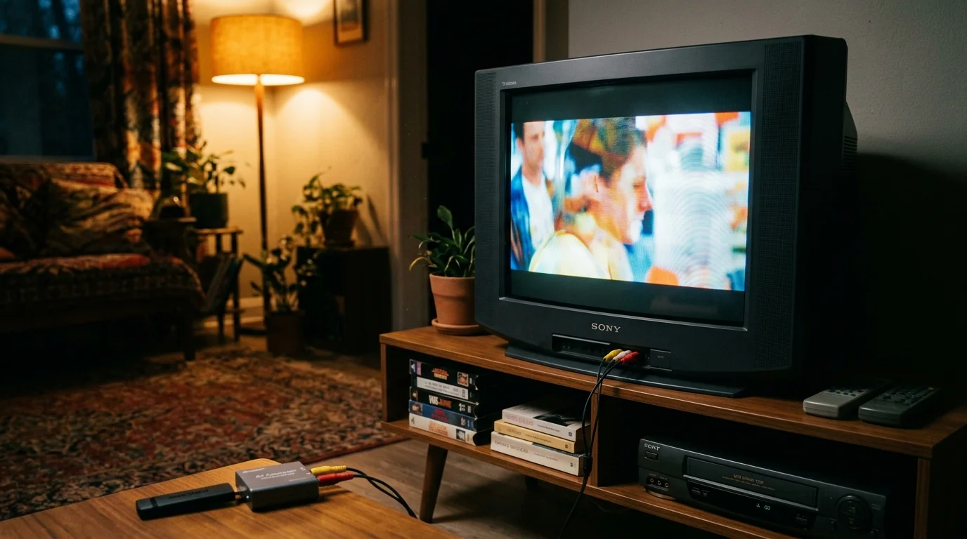 A vintage Sony CRT television plays video connected by RCA cables to a small converter box and streaming stick.