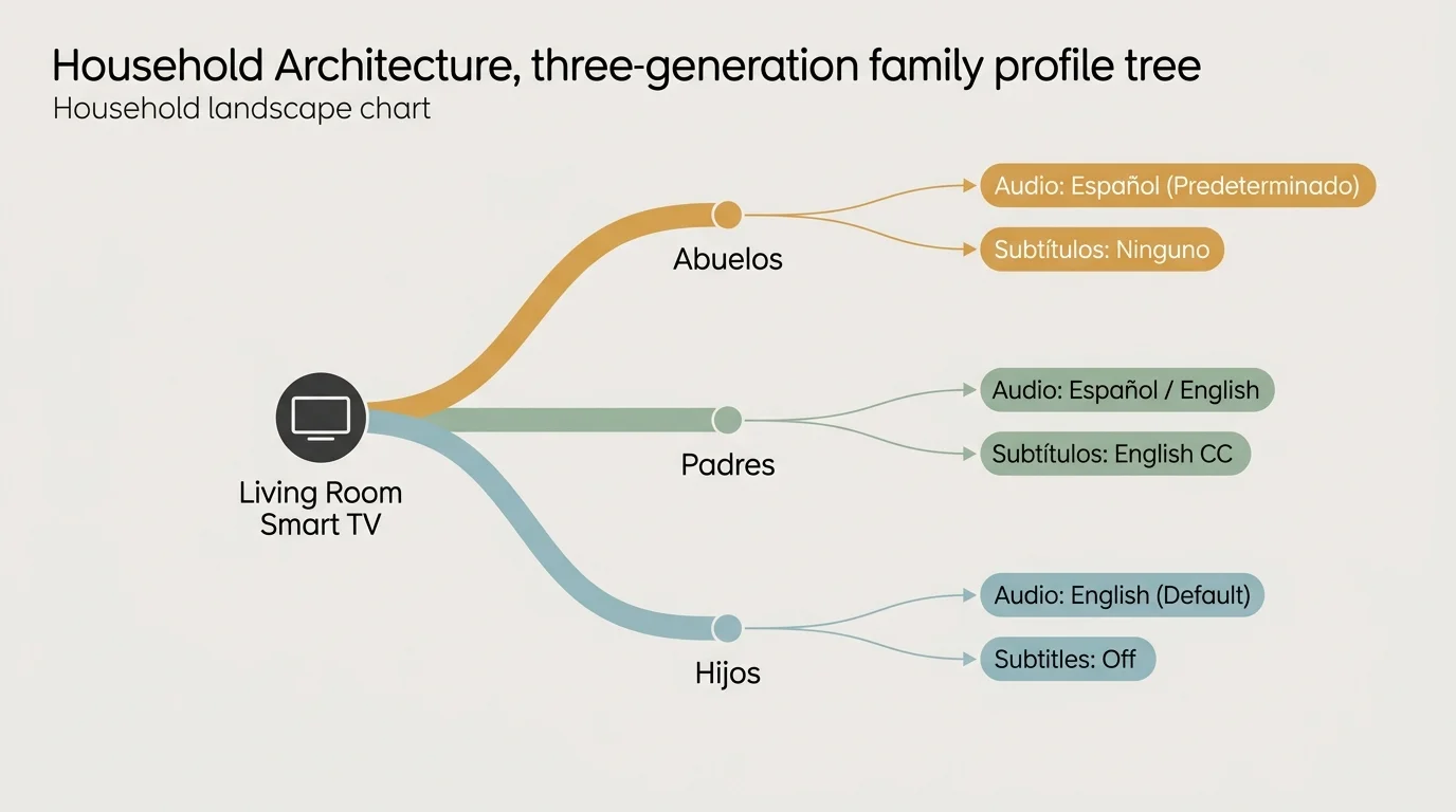 Diagram branching from a living room smart TV into Abuelos, Padres, and Hijos profiles with audio and subtitle settings.