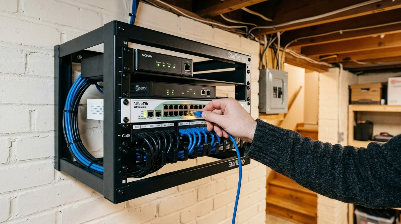 Person plugging a blue Ethernet cable into a network switch inside an open wall-mounted server rack in a basement.
