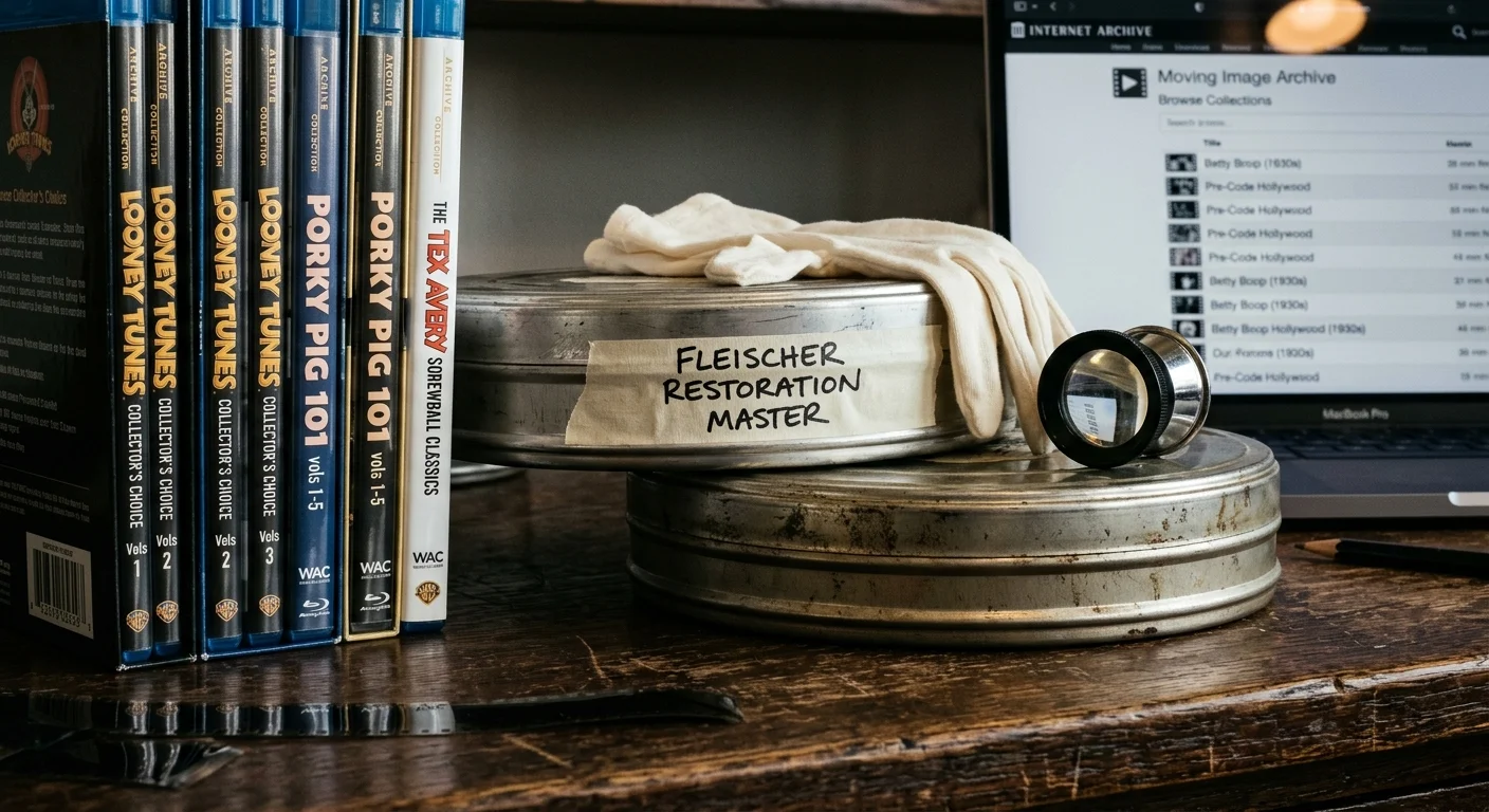 Animation Blu-rays beside metal film canisters labeled Fleischer Restoration Master, white gloves, and an open laptop.