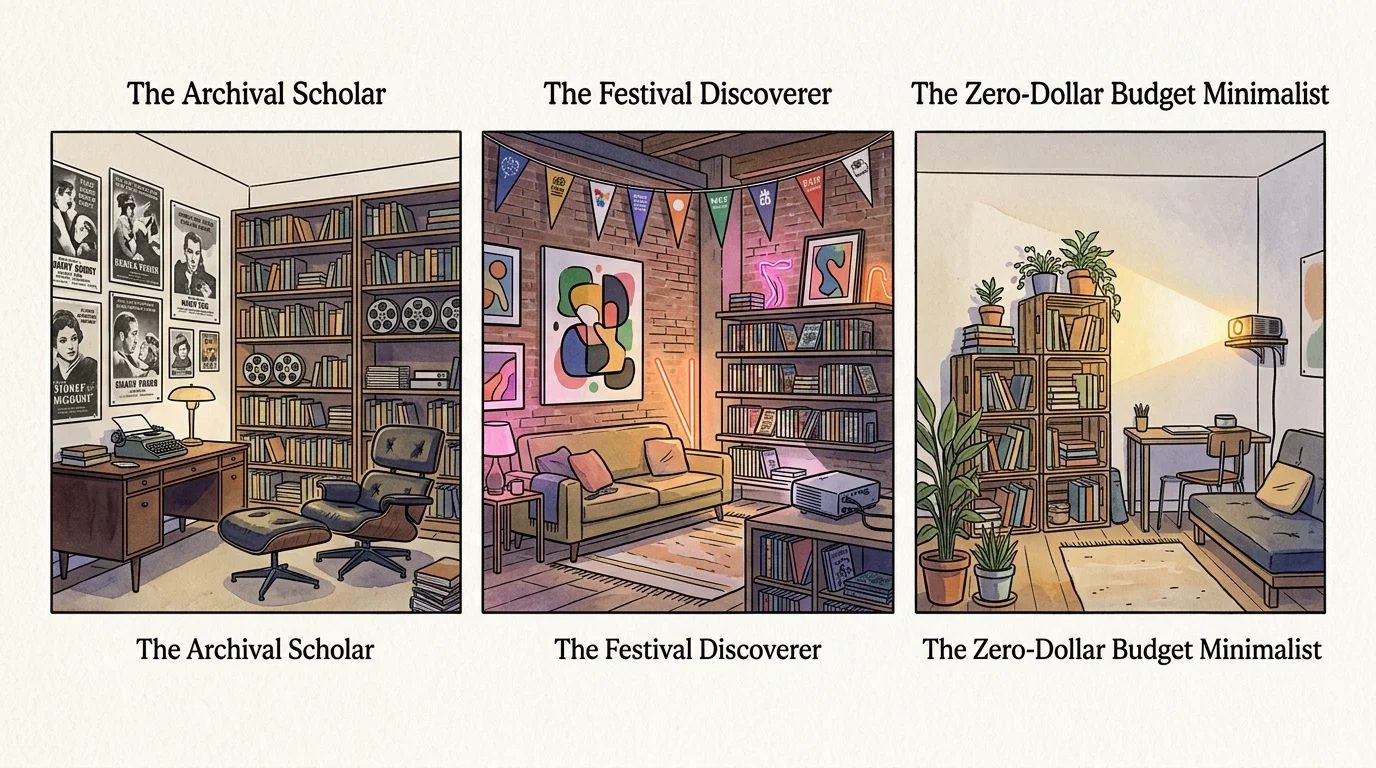 Three illustrated rooms labeled The Archival Scholar, The Festival Discoverer, and The Zero-Dollar Budget Minimalist.