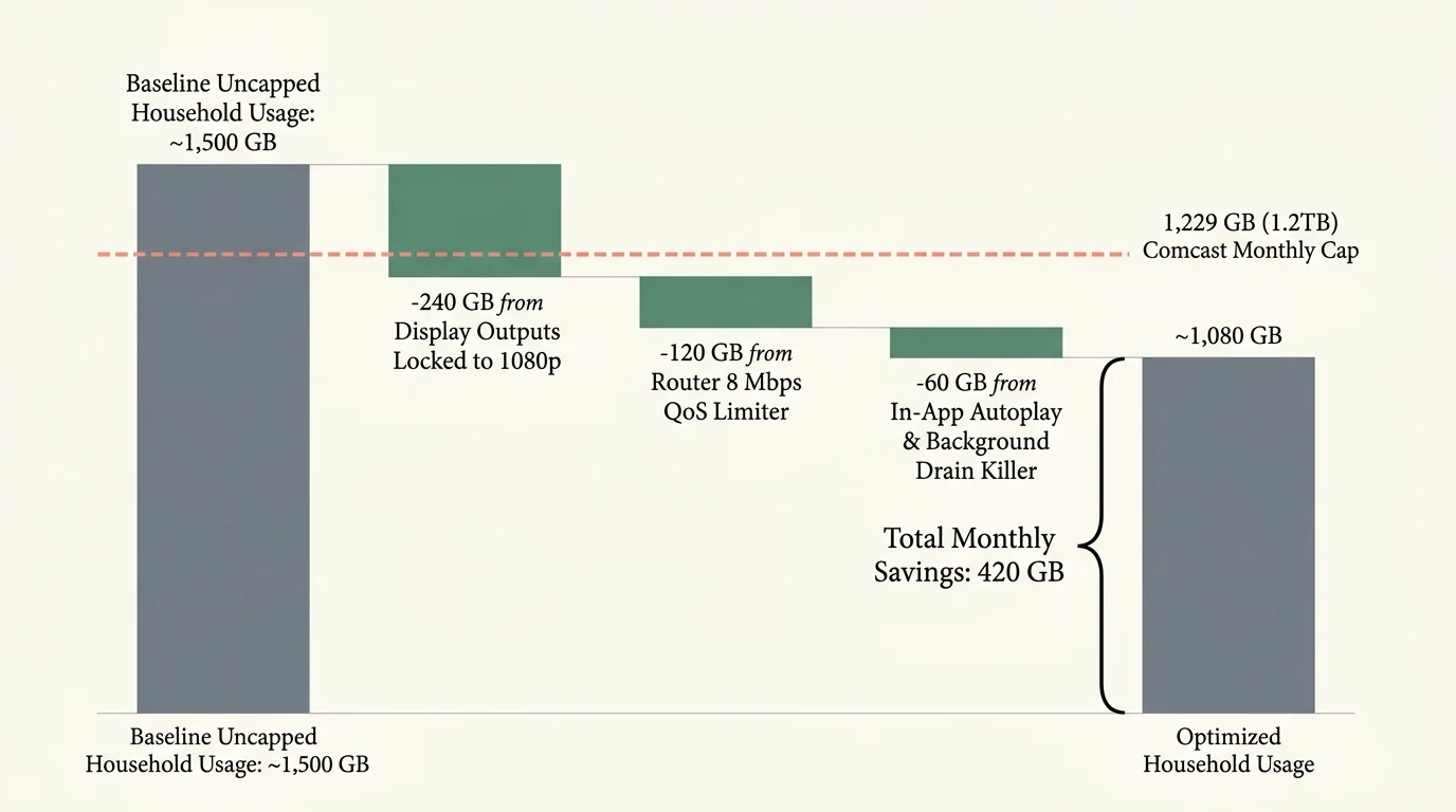 Waterfall chart showing baseline uncapped usage dropping by 420 GB below the red dashed 1,229 GB monthly cap line.