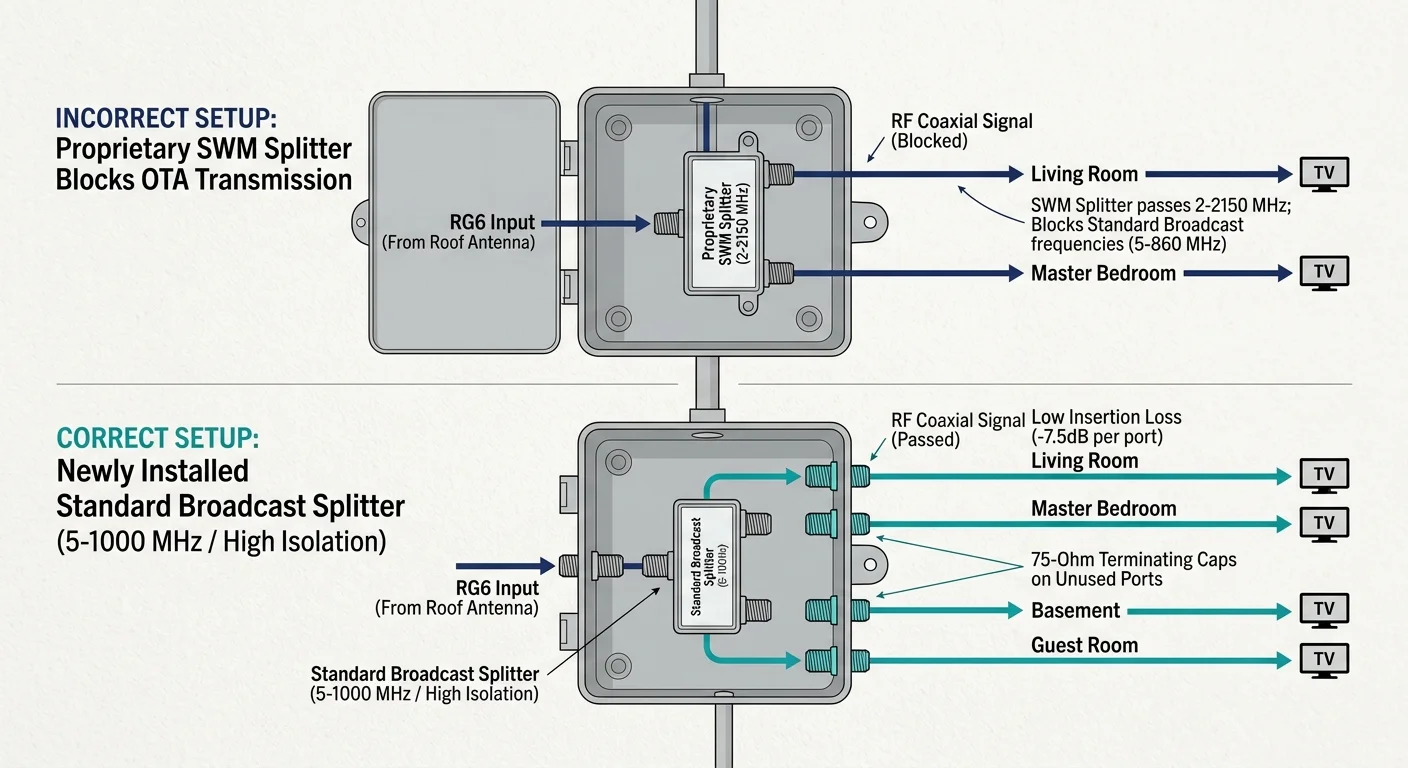 Diagram comparing incorrect setup using proprietary SWM splitter with correct setup using a standard broadcast splitter.