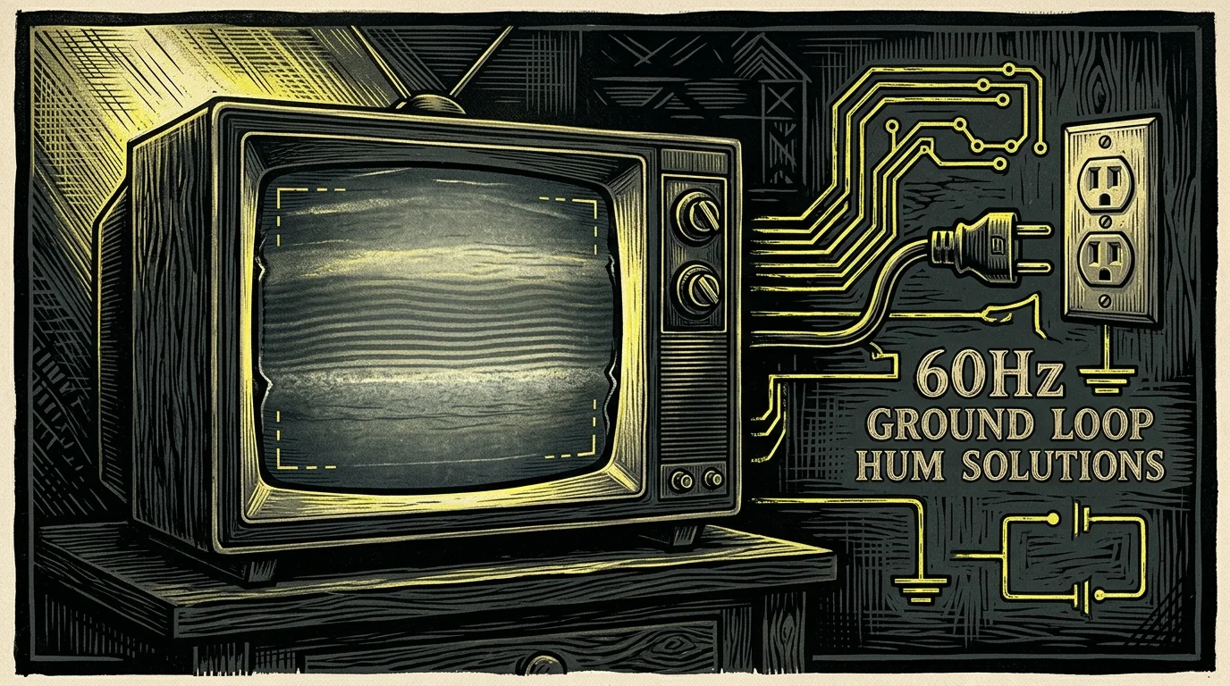 Woodcut-style illustration of a vintage CRT television showing static beside an electrical outlet and circuit diagrams.