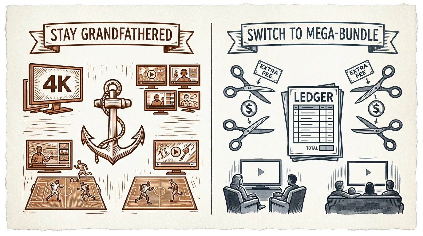 Split illustration comparing staying grandfathered with an anchor and sports screens versus switching to a mega-bundle.