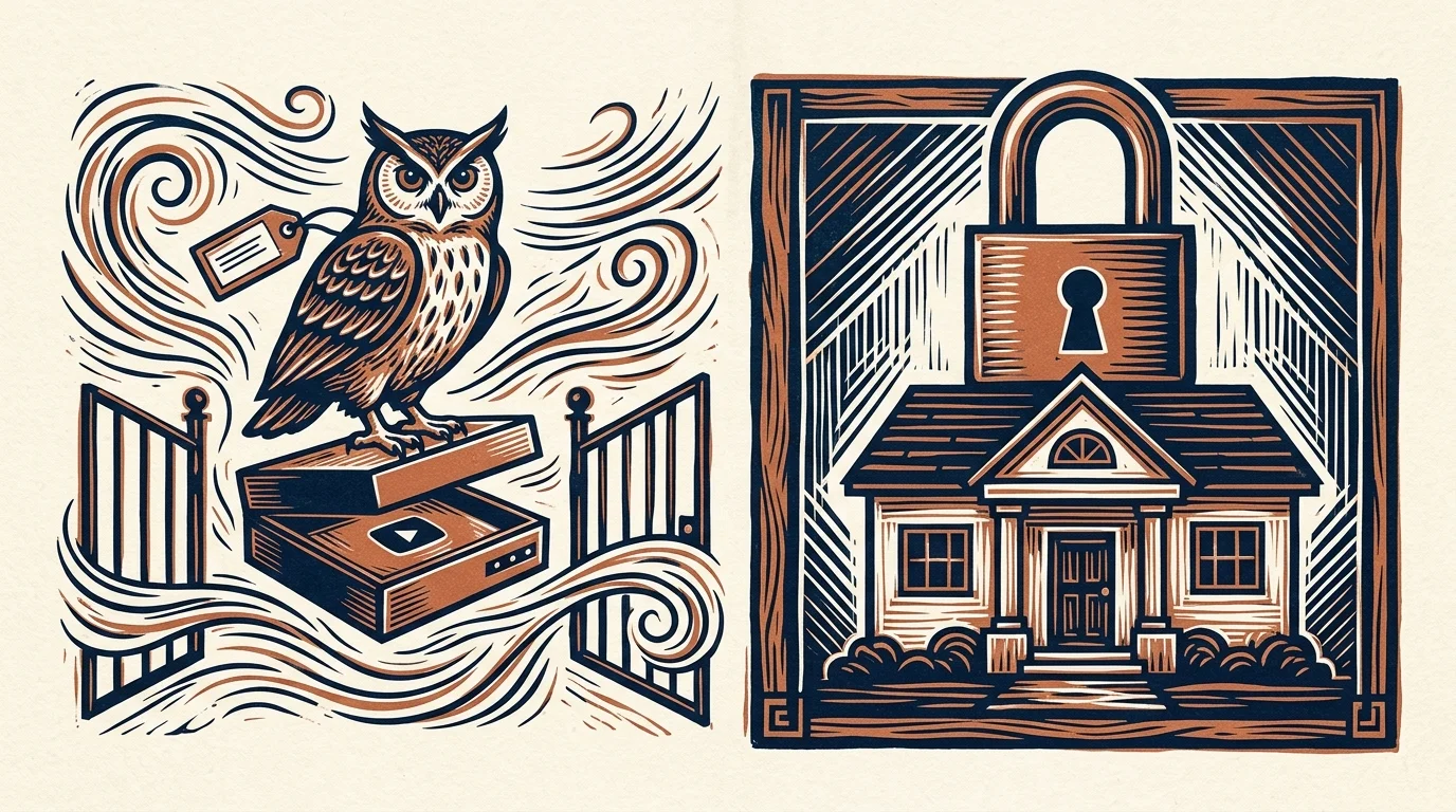 Linocut illustrations showing an owl perched on an open streaming box alongside a house locked under a giant padlock.