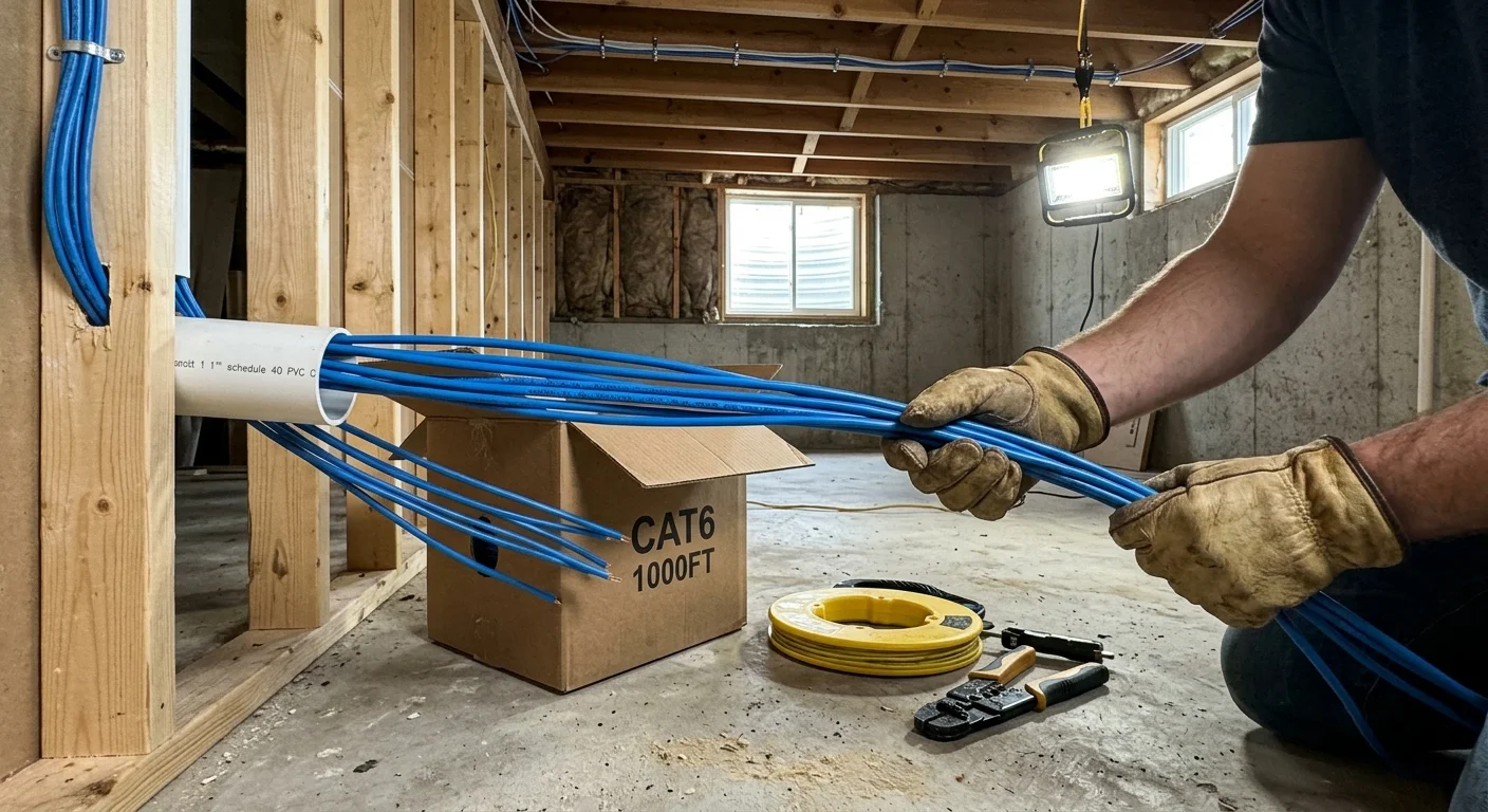 Gloved worker pulling blue Cat6 network cables through a white conduit pipe in an unfinished basement with wood studs.