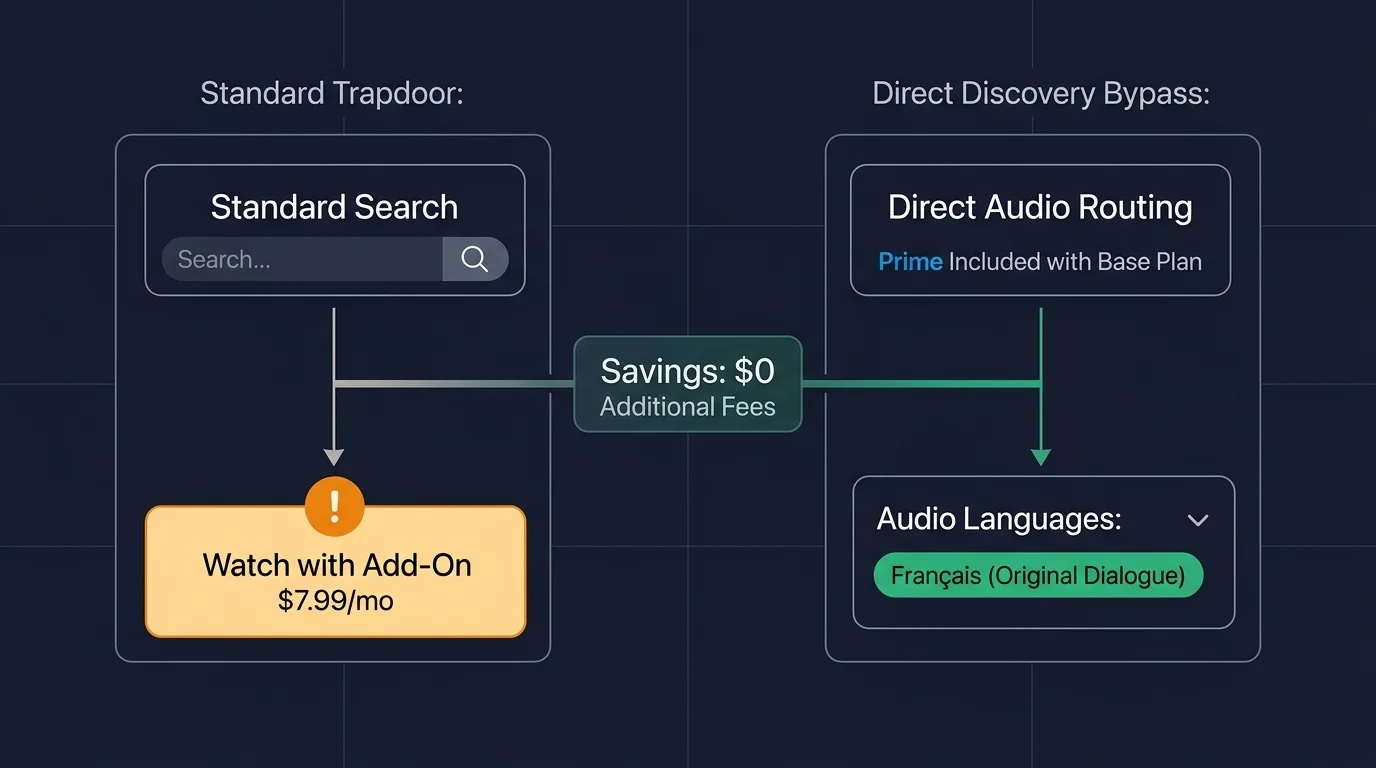 Diagram comparing standard search leading to a $7.99 add-on versus direct discovery routing to French dialogue.