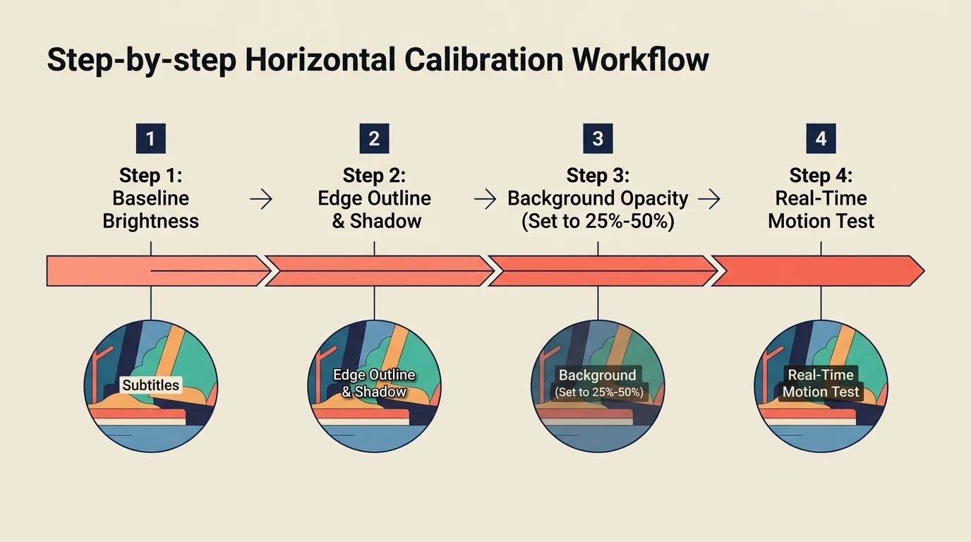 Diagram outlining a four-step horizontal calibration workflow with circular previews and an arrow timeline.